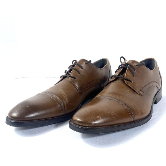 Kenneth Cole Men\'s Cognac Brown Cap Toe Oxford w/ Flex Lace-Up Dress Shoes 9.5